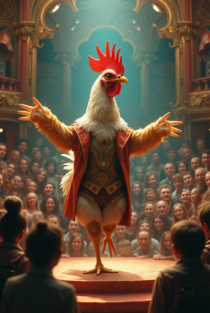 A hen with  human body on the satege  and humans seeing 
