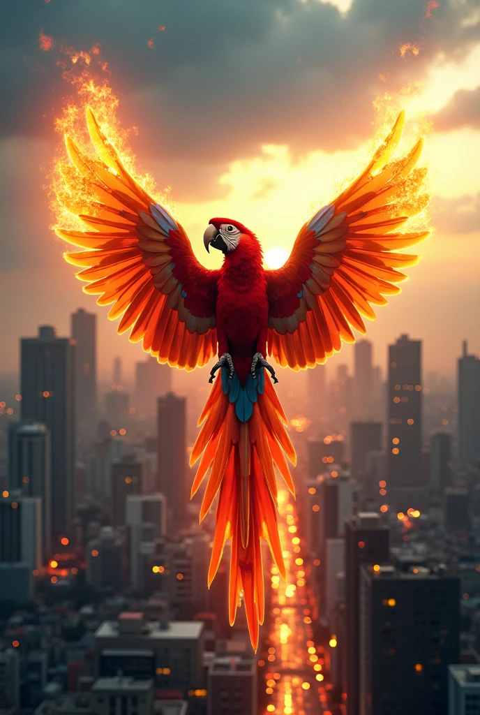 A macaw flying over Caracas throwing flames 