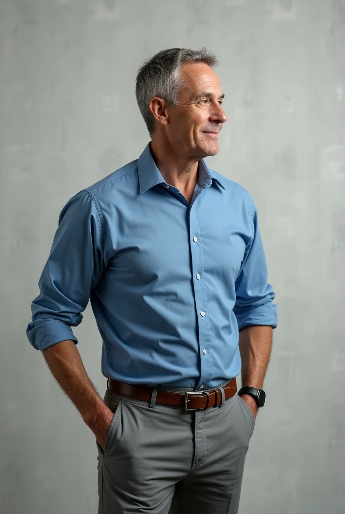 Man in grey pant and blue shirt