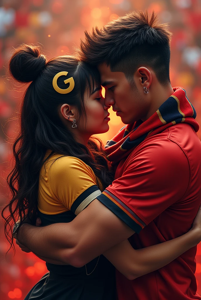 Flamengo couple with the initial G in their hair and a Flamengo fan hugging him in an image for wallpaper