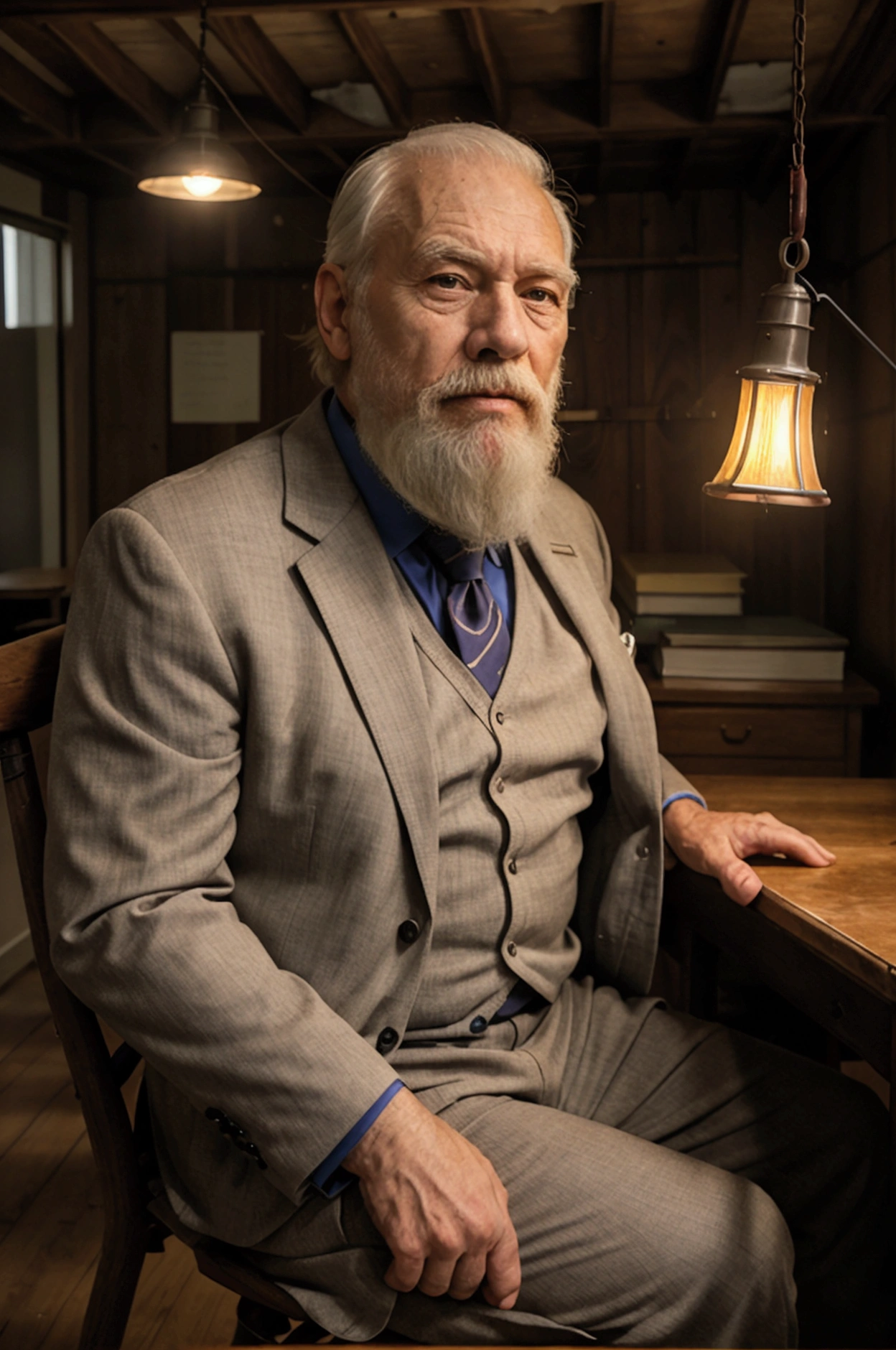 fot, man strong, 70 years old, white bearded, wrinkles, wearing suit, sitting in a chair behind a large dark wood inside an old office, a small lamp on the table.