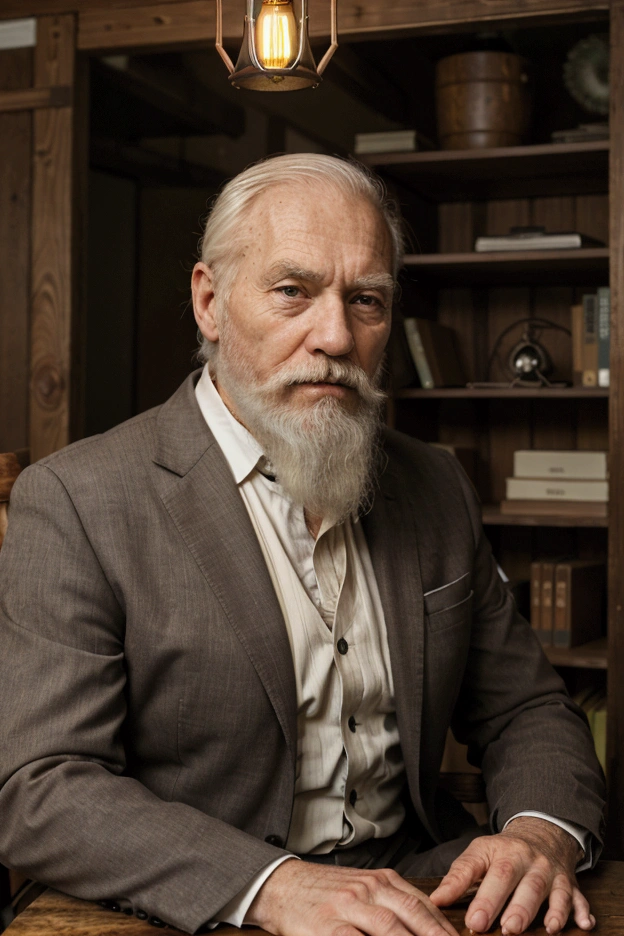 fot, man strong, 70 years old, white bearded, wrinkles, wearing suit, sitting in a chair behind a large dark wood inside an old office, a small lamp on the table.