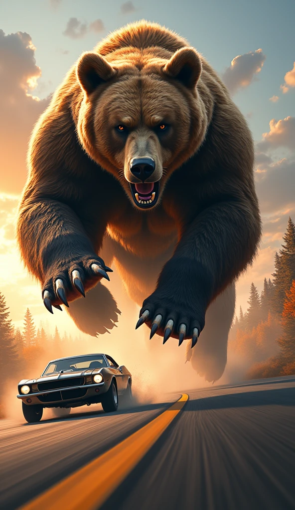 a huge bear jumping through the air to chase a car, ultra realistic, hyper detailed, cinematic, dramatic lighting, photorealistic, 8k, best quality, detailed fur, detailed claws, intense motion blur, dramatic expression, powerful muscles, thrilling action scene, vivid colors, stunning background, professional photography