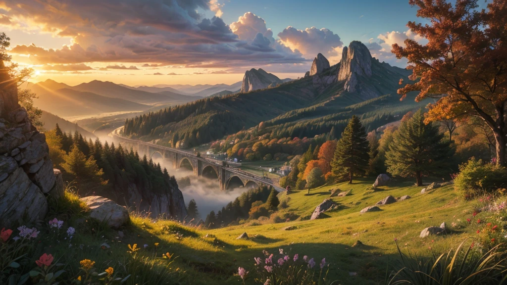 fairytale view with fantasy fairy track in a wide steep valley with huge dramatic mountains in the distance,autumn, rocks plants flowers shrubs trees moss stream lawns bridge grass animals,sunrise and strong sunbeams,very hazy,extreme details,photorealistic,4k,HD,beautiful,nature, dreamy, low shot,ground level photo, good luminosity