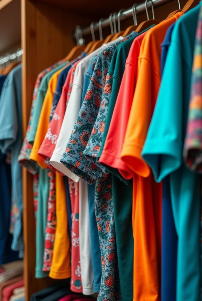 Close-up of a wardrobe filled with T-shirts of all colors and designs.