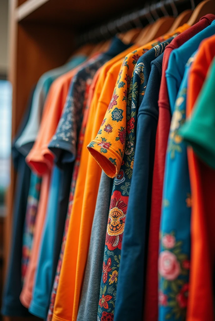 Close-up of a wardrobe filled with T-shirts of all colors and designs.