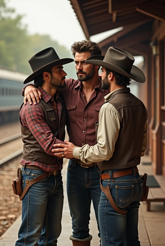 4 handsome men handsome cowboy says goodbye to a cute young 2 handsome friend who is going on a trip on a train at a train stop gay boyfriend of one of the cowboys