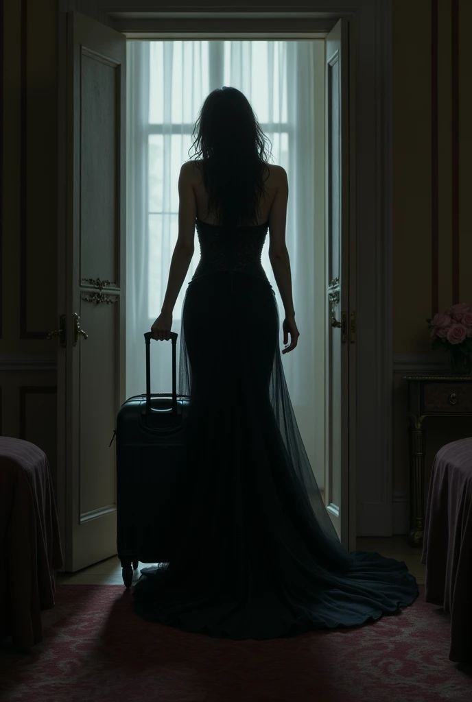 Generate an image of a dark black skinny curvy sad bride with her laugage leaving a nice interior hotel door