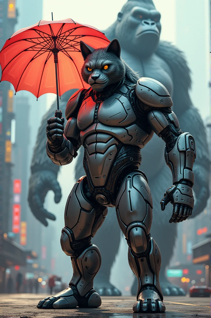 The biggest robotic cat standing infront of kong in city with a parasol