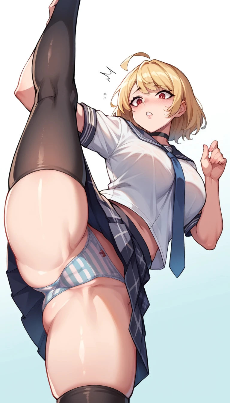 A close-up view of an anime girl posed in a standing split, leaning forward to display her hips prominently. She wears a Japanese school uniform, including light blue striped panties visible from the low angle. The girl has smooth blonde hair with pink gradient tips, red eyes, and wears black thigh-high socks that accentuate her large thighs. Her outfit includes a white shirt, a black choker, a blue tie, and a plaid skirt. The pose emphasizes her beautiful rear without distorting her body, ensuring a natural and accurate depiction.