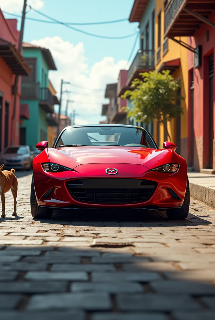 Mazda 2023 sporty red color on Mexico street with potholes and skinny dogs
