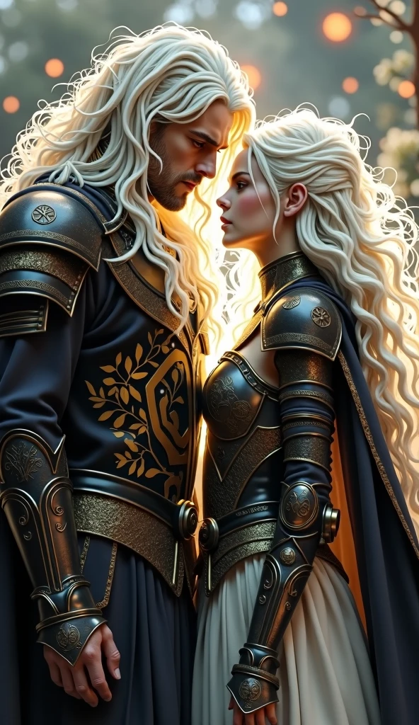 A white haired man ,very long white shiny hair, and woman with black and gold armor and a cape related to the Knights of the Zodiac, His armor will have the combination of a lion spirit and a puma and his human companion with a white armor with the spirit of a white dog