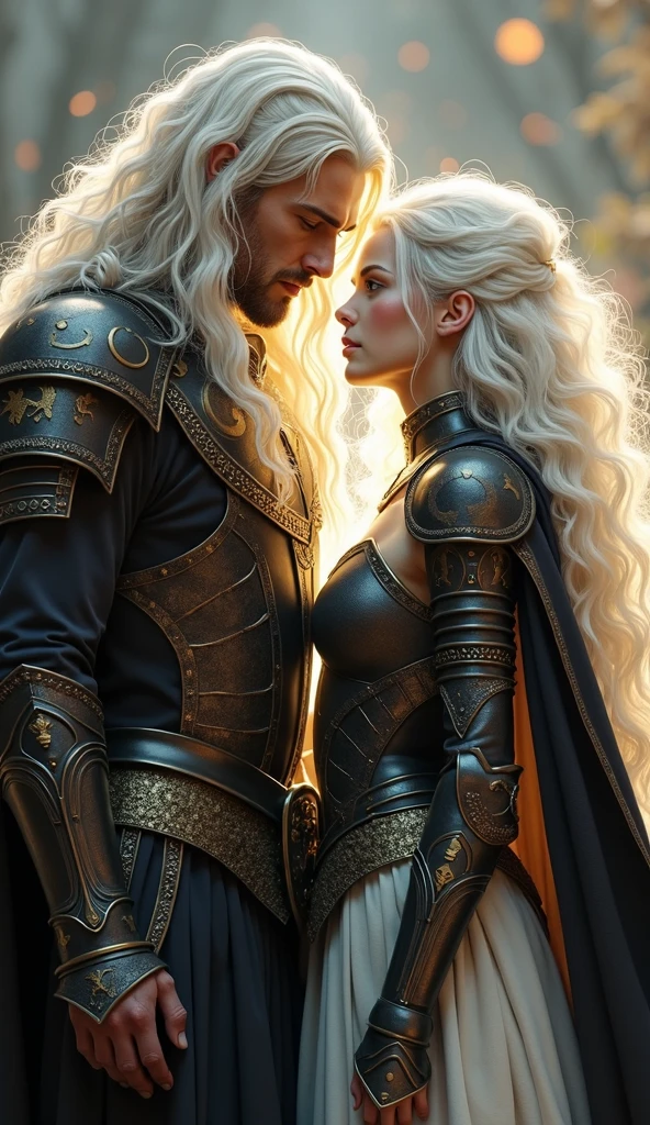 A white haired man ,very long white shiny hair, and woman with black and gold armor and a cape related to the Knights of the Zodiac, His armor will have the combination of a lion spirit and a puma and his human companion with a white armor with the spirit of a white dog