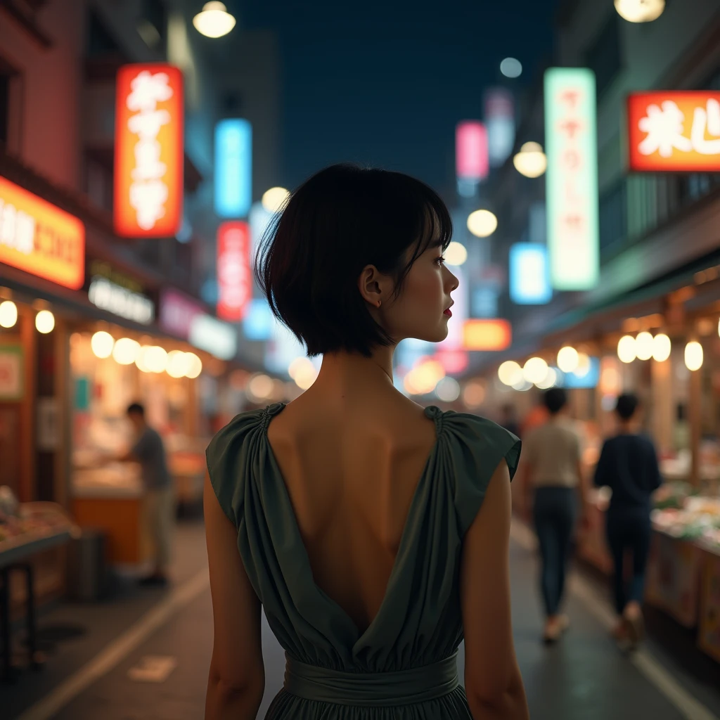 "Realistic photo, young Korean woman with short hair, seen from the back, standing at a distance, in a modest and elegant dress, in a lively Korean street at night."