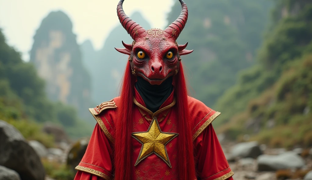Vietnam as an asiatic League of Legend warrior creature in red with a single yellow five-pointed star. Intricated clothing. Cinematic Fantasy sci-fi landscape background