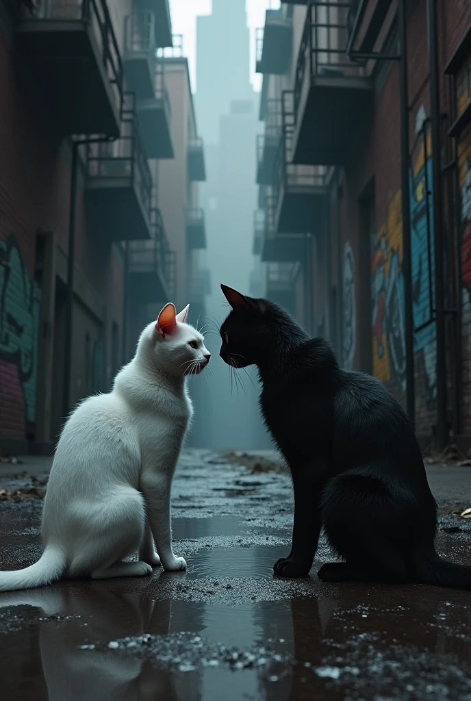 white cat in dark city being hit by black cat in alley