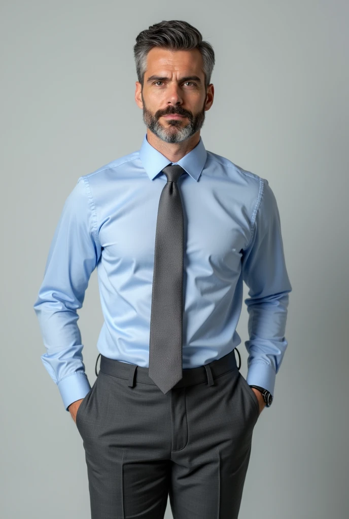 Man in grey pant and blue shirt with grey tie