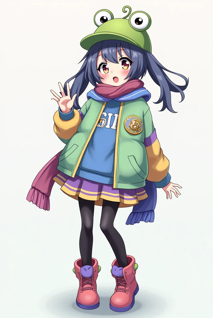 Create an anime style girl with a blue sweatshirt under a light green jacket with orange and blue sleeves, with a frog cap, short purple and yellow skirt, with a blue and red scarf, with long black and white stockings, with pastel red and dark purple boots, with hair in long pigtails half blue and half brown, with huge tits and a giant ass