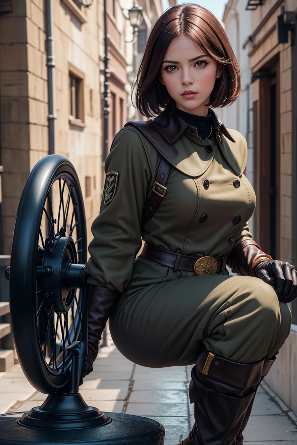 (Best image quality, highest quality, Highest Resolution, Ultra-Realistic Images, Very detailed, masterpiece, 8k), One Woman, Brown medium hair, Khaki military uniform, Leather gloves, Leather boots, ((With a blue whip)), big Breasts, blush, serious look, Dynamic pose, Browsing Caution, half body, perfect face