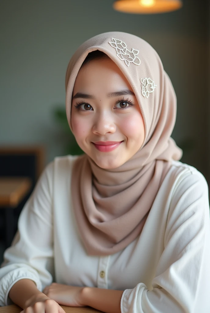 Hijab , portrait half body shoot 1:2 , holding face. One hand on table. Dominance smile. Perfect theeth.shoot by canon r6 Godox v1 Speedlite. Lace hijab. Wear minimalist flower hijab. Girl average 2. Samo matang skin. Simple make up. Perfect hijab. Cafe background.. pink lips, snube nose big. Beautiful eyesbrow, long lashes. Brown hazel eyes.. chubby face. Indonesia girl nose.lot of Small pimple