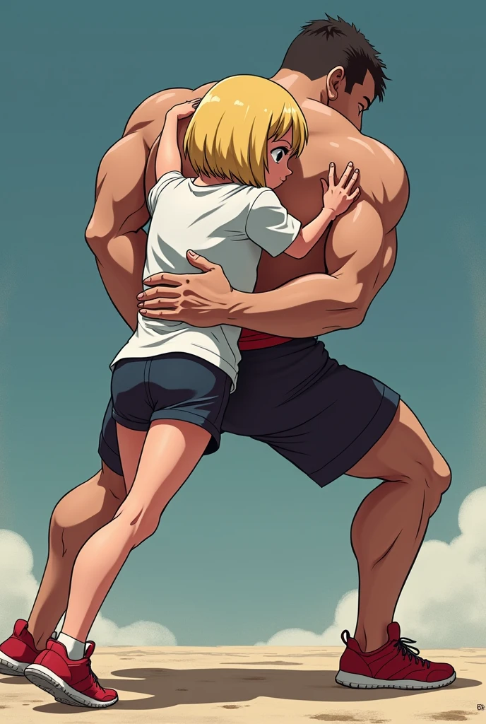 Wrestling, blonde girl with bob,in red sneakers, white t-shirt hugs guy tightly, squeezing his lower back, the girl lifted the guy, the guy&#39;s feet didn&#39;t reach the ground, anime, Art, view from the back the girl was carrying the guy