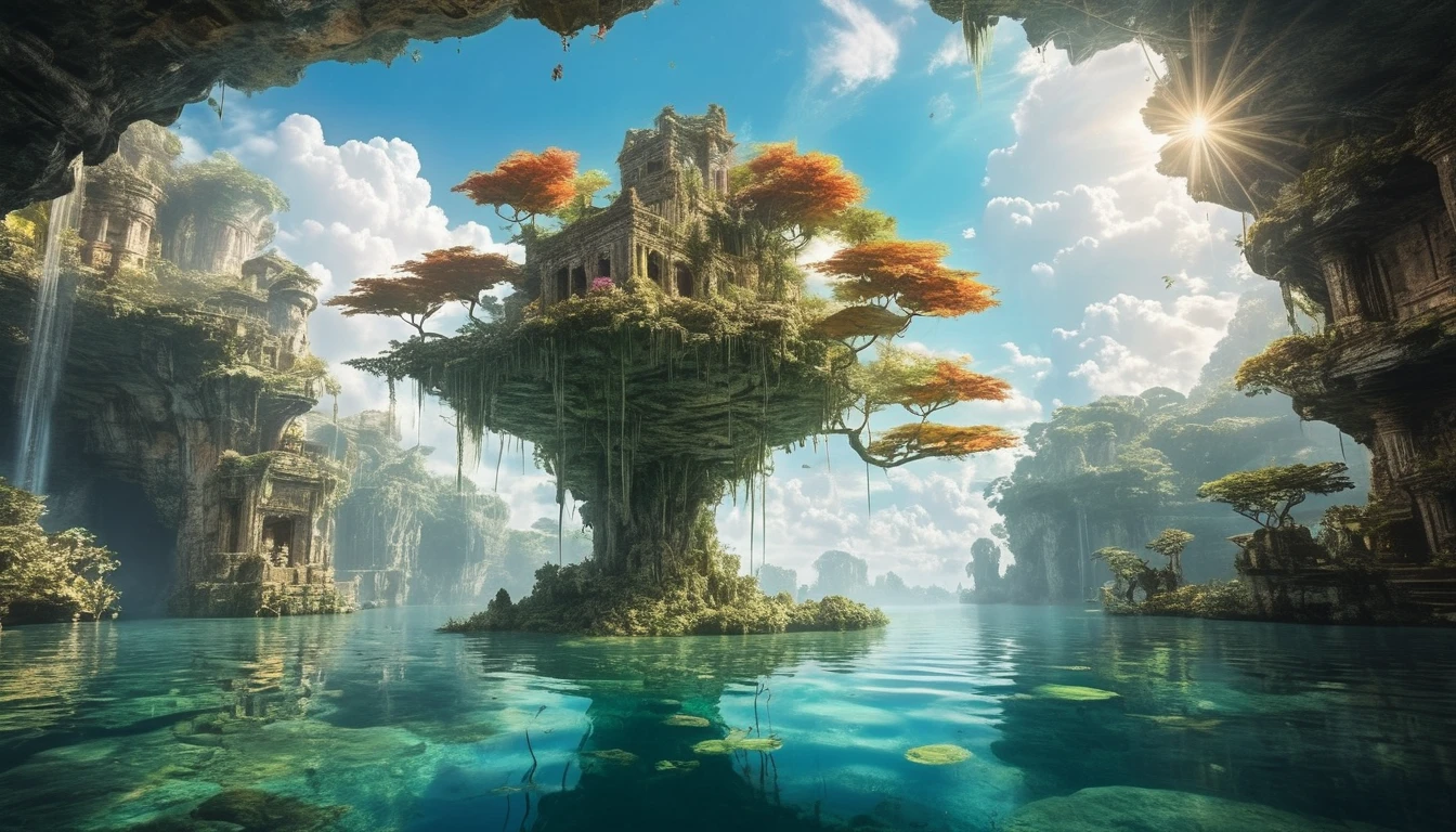 floating, floatingisland, landscape, floating island, ethereal sky, Lush vegetation, Clear water, Magical Creatures, Vibrant colors, Surreal beauty, Dreamy atmosphere, Soft sunlight, Wisps of clouds, Hidden Cave, Fall, Ancient ruins, Mysterious atmosphere, Exotic flora and fauna, Peaceful and tranquil, enchanting landscape, Charming