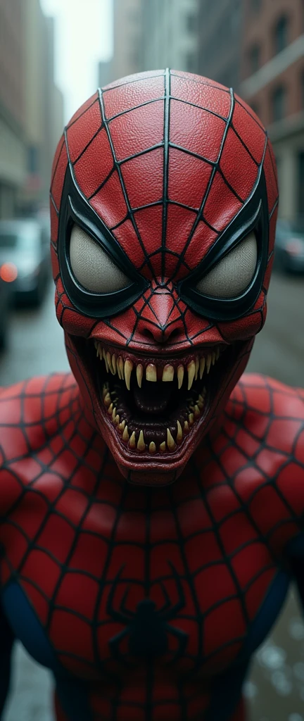 A terrifyingly realistic depiction of Spiderman , with a very scary face, in 4k quality, rich in detail and texture. The image is oriented horizontally to emphasize the haunting nature of the character. --s 150 --ar 16:9 --c 5 --v 5.2