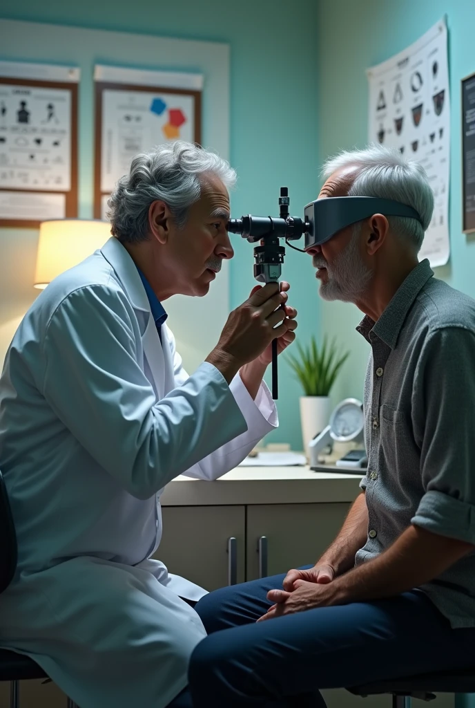 Eye doctor examining a middle-aged blind patient and the age patient