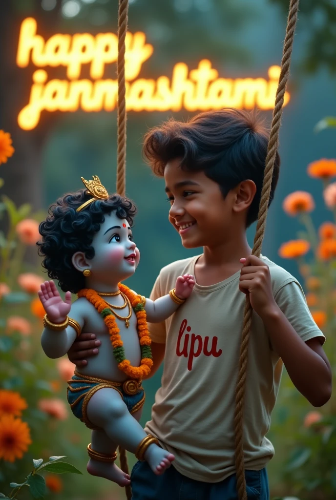 a real 19 year real indian boy is swing with baby Krishna. The boy is playing a flute and the boy is wearing t-shirt with the text “LIPU” is clearly written in boy t-shirt he is holding the swing rope and and boy is smiling and looking at lord Krishna. The scene is set in a beautiful garden with flowers and greenery and “HAPPY JANMASHTAMI” clearly written in neon golden light in background. The background is blurred and the lighting is soft and cool 8k ultra quality picture