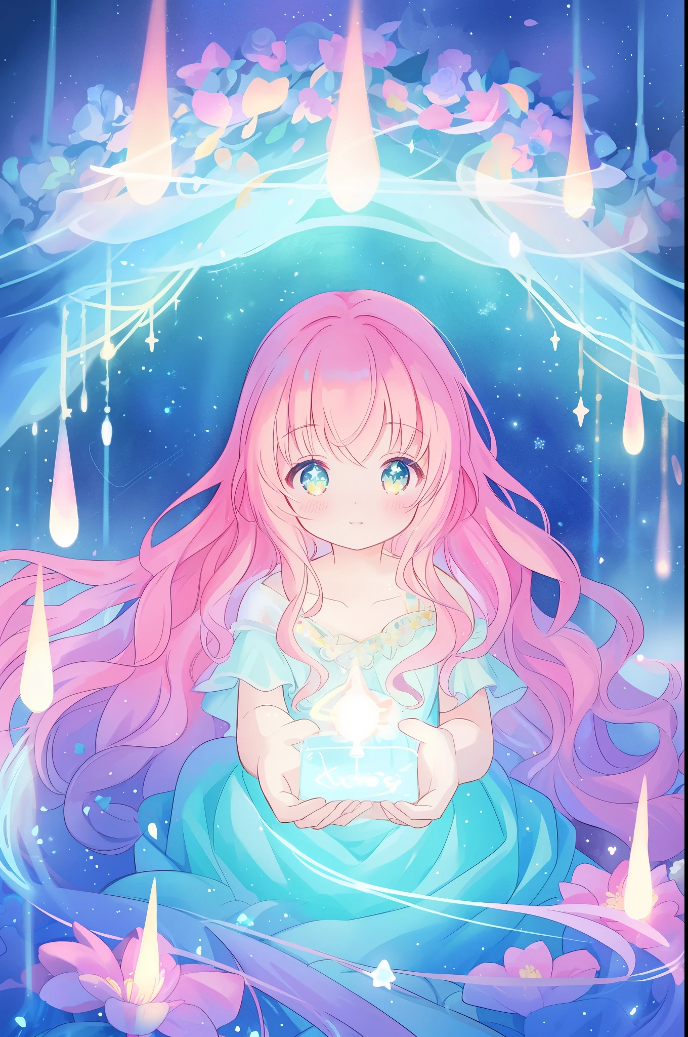 beautiful anime girl in flowing layered ballgown, vibrant pastel colors, (colorful), magical lights, magical flowers, flowers, glowing lights, red pink long wavy hair, sparkling lines of light, inspired by Glen Keane, inspired by Lois van Baarle, disney art style, by Lois van Baarle, glowing aura around her, by Glen Keane, jen bartel, glowing lights! digital painting, flowing glowing hair, glowing flowing hair, beautiful digital illustration, fantasia background, whimsical, magical, fantasy, beautiful face, ((masterpiece, best quality)), intricate details, highly detailed, sharp focus, 8k resolution, sparkling detailed eyes, liquid watercolor