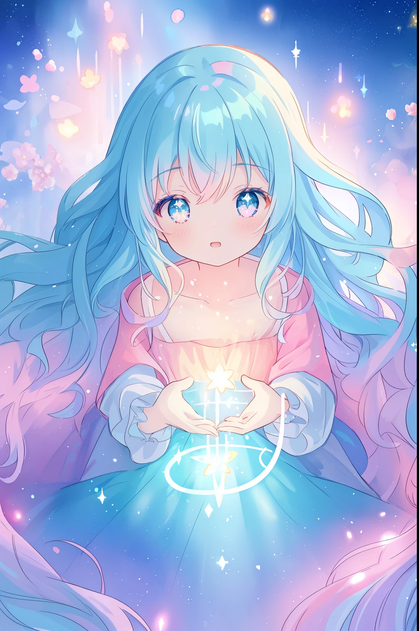 beautiful anime girl in flowing layered ballgown, vibrant pastel colors, (colorful), magical lights, magical flowers, flowers, glowing lights, red pink long wavy hair, sparkling lines of light, inspired by Glen Keane, inspired by Lois van Baarle, disney art style, by Lois van Baarle, glowing aura around her, by Glen Keane, jen bartel, glowing lights! digital painting, flowing glowing hair, glowing flowing hair, beautiful digital illustration, fantasia background, whimsical, magical, fantasy, beautiful face, ((masterpiece, best quality)), intricate details, highly detailed, sharp focus, 8k resolution, sparkling detailed eyes, liquid watercolor