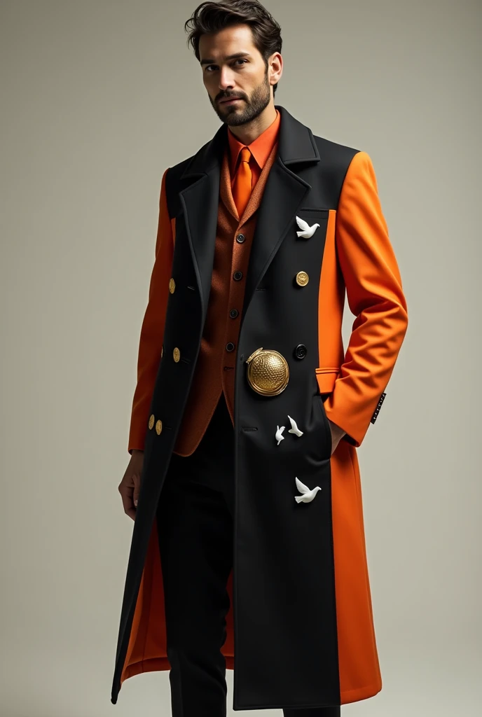 Create a black and orange coat with doves and a globe. Business-like.
