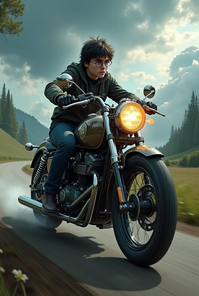 Harry Potter riding a motorcycle