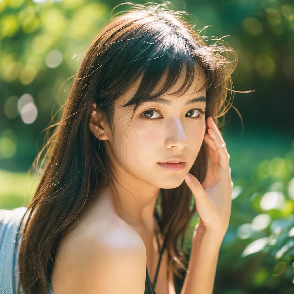 A hyper-realistic close-up image of a single Japanese woman in her early 20s, captured with the nostalgic warmth and subtle graininess of a film camera, focusing on her face and shoulders. Her skin has a warm beige tone with a natural, slightly rough texture that includes visible pores, fine lines, and subtle imperfections such as small blemishes, adding to the authenticity of her appearance. The soft, diffused natural light typical of a sunny summer day casts gentle, warm shadows on her face, enhancing the film-like quality while maintaining the realistic texture of her skin. Her straight, glossy black hair is slightly tousled by a gentle summer breeze, framing her face naturally. She is wearing a light, summery outfit, perhaps with straps visible at the shoulders, that complements her natural beauty and suits the warm weather. The film camera effect introduces a slight grain and a softer focus, giving the image a warm, nostalgic atmosphere while preserving the realism of her skin and features. The overall composition captures the serene and effortless elegance of a summer day, with the focus on the realistic texture of her skin and the timeless quality of the film camera aesthetic.