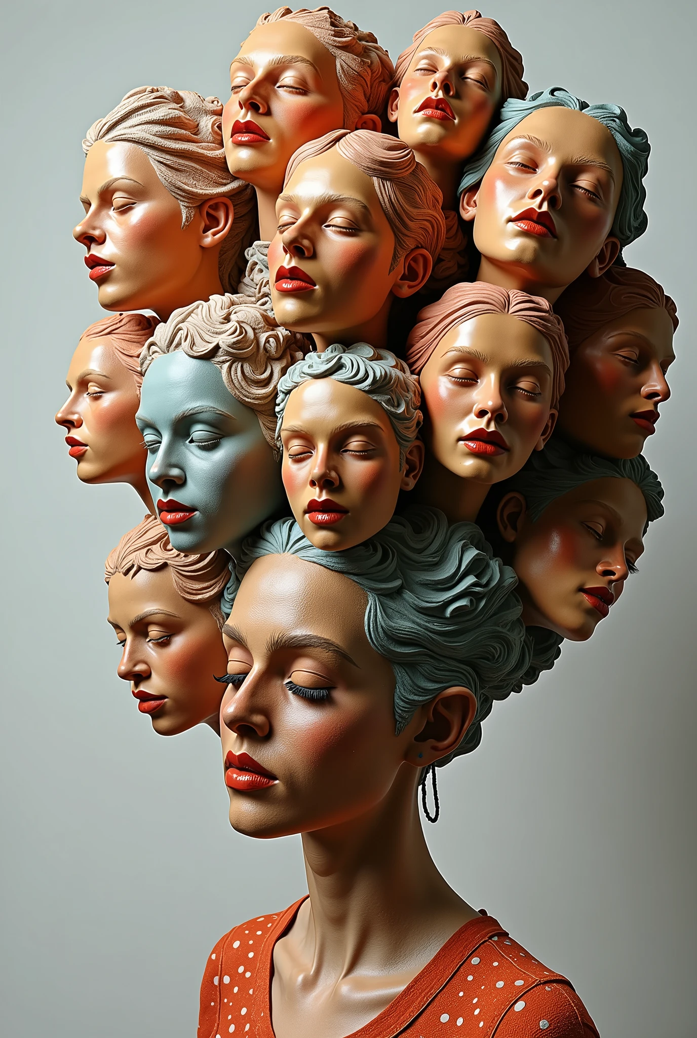 Expressionist artwork images of multiple floating ceramic heads of hispanic women, 3d collage style, make it weird and gallery worthy
