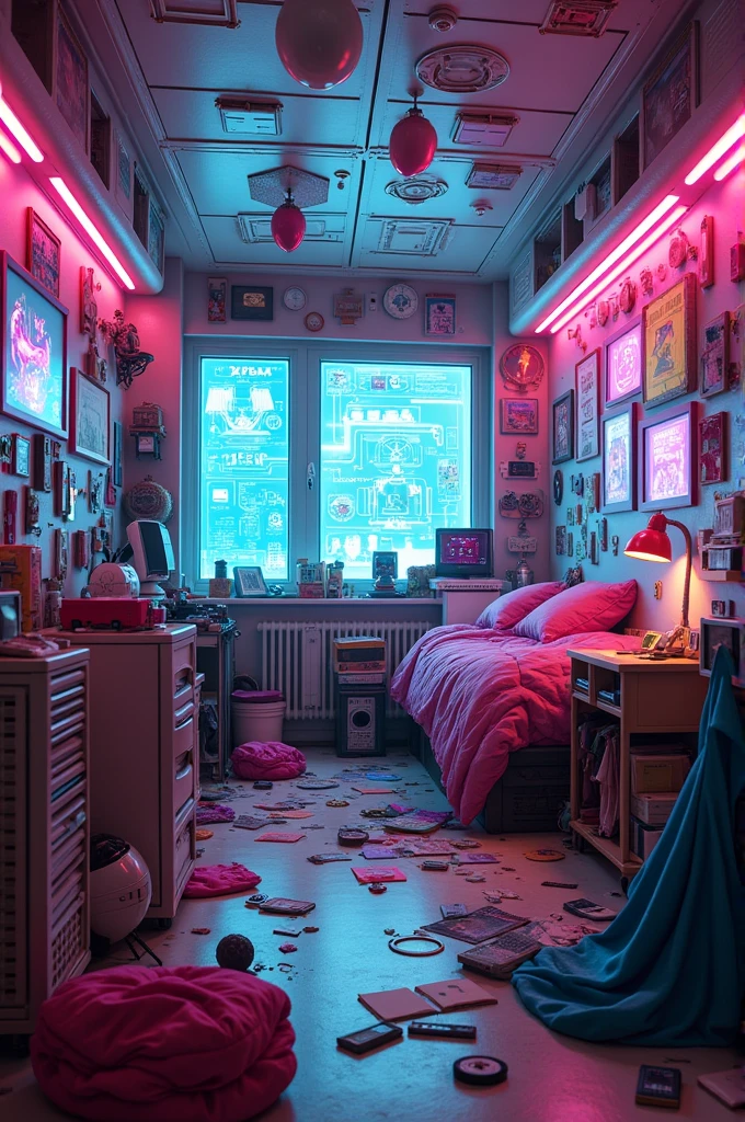 Messy girl's room, futurist, the room must be in perspective (fish eye) (do not include any person, only the fourth)