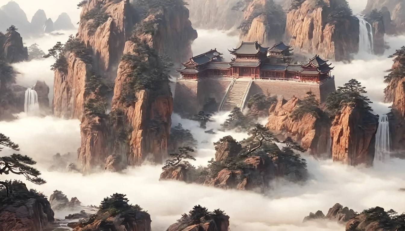 Chinese landscape painting,Landscape artistic conception,Zen Aesthetics,Zen composition,Ancient Chinese architectural complex,cloud,cliff,pine,fall,Elk,Rich in light,Takayama,Qingshan,The Minimalists,Extreme details,unmatched details,Special effect、Realism and exquisite details,Tyndall effect