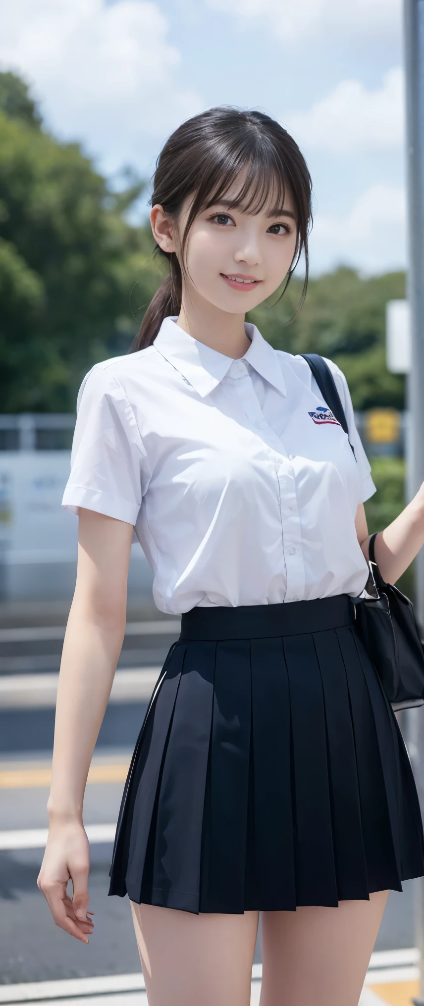 neat college girl, ite, (school uniform, Y-shirt, summer clothes), outside the athletic field, (slim), photorealistic, detail, skin texture, ultra detail, delicate and sexy collarbone, smile, super detailed face, detailed lips, detailed eyes, double eyelids, small breasts, small breasts, small, flat breasts, breast enhancement