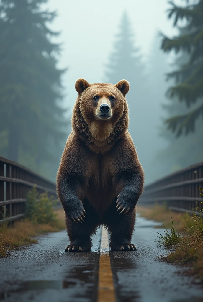 Brown bear standing on a huge bridge，This bridge connects two completely different worlds - one is the natural world，Full of forests、Rivers and Wildlife；The other is the world of modern civilization，There are tall buildings and busy traffic。Brown bears are messengers between these two worlds，Its eyes show awe for nature.，I am also curious about civilization.。uhd,, high sharpness, high precision，4K。