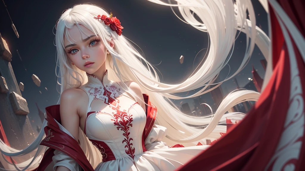 A highly detailed and ultra-realistic image of a girl with striking white hair and vivid red eyes, designed to create a stunning visual impact. Her hair is long, silky, and white as snow, styled in flowing waves that shimmer with a subtle iridescence, creating a captivating contrast against the rest of the scene. Her eyes are a deep, intense red, glowing with a mesmerizing, almost otherworldly brilliance, framed by long, dark lashes that enhance their vividness. Her skin is smooth and radiant, with a soft, porcelain-like glow that complements the dramatic color scheme. She is dressed in a stylish outfit that mirrors the red and white color palette: a beautiful, intricately designed dress in pure white with delicate red accents, such as a red sash and subtle embroidery, creating a sophisticated yet whimsical appearance. The dress flows elegantly, showcasing a combination of textures and layers that enhance its visual appeal. The background is a striking blend of red and white elements, creating a harmonious and artistic environment. The scene features abstract patterns and stylized elements in these two colors, such as swirling shapes, soft gradients, and glowing accents that enhance the overall aesthetic. The lighting is carefully designed to highlight the contrast between the red and white tones, casting a soft, ethereal glow that accentuates the girl’s features and the details of her outfit. The image is crafted with extreme graphic and technical quality, capturing every nuance from the delicate strands of her white hair to the intense red of her eyes and the intricate details of her dress. The overall effect is a visually stunning and stylish composition that is both captivating and artistic, making it ideal for a high-impact magazine cover
