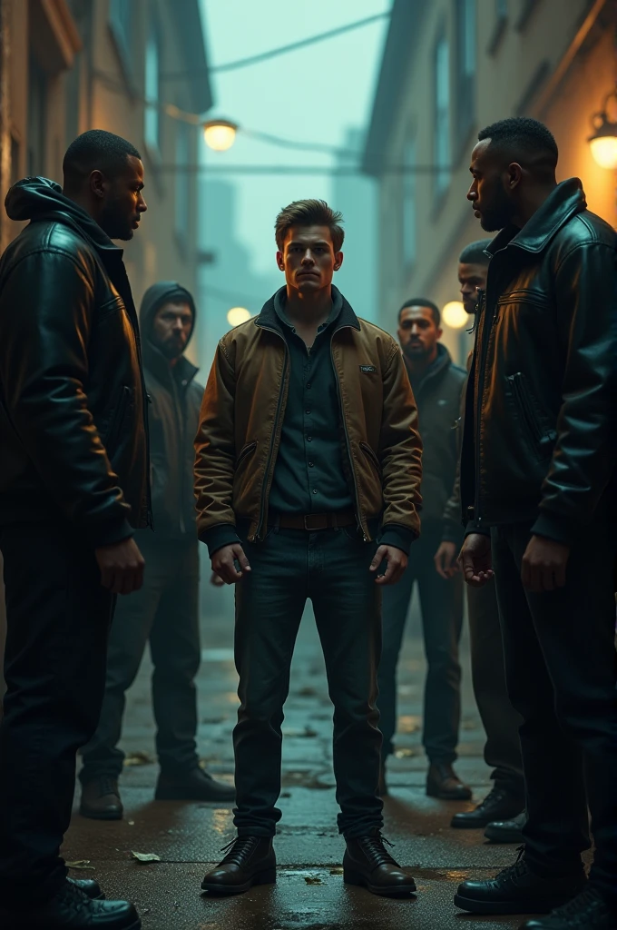 Young man talking to gang