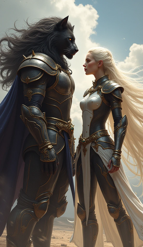 A black haired man ,very long black shiny hair, and woman with black and gold armor and a cape related to the Knights of the Zodiac, His armor will have the combination of a lion spirit and a puma and his human companion with a white armor with the spirit of a white dog