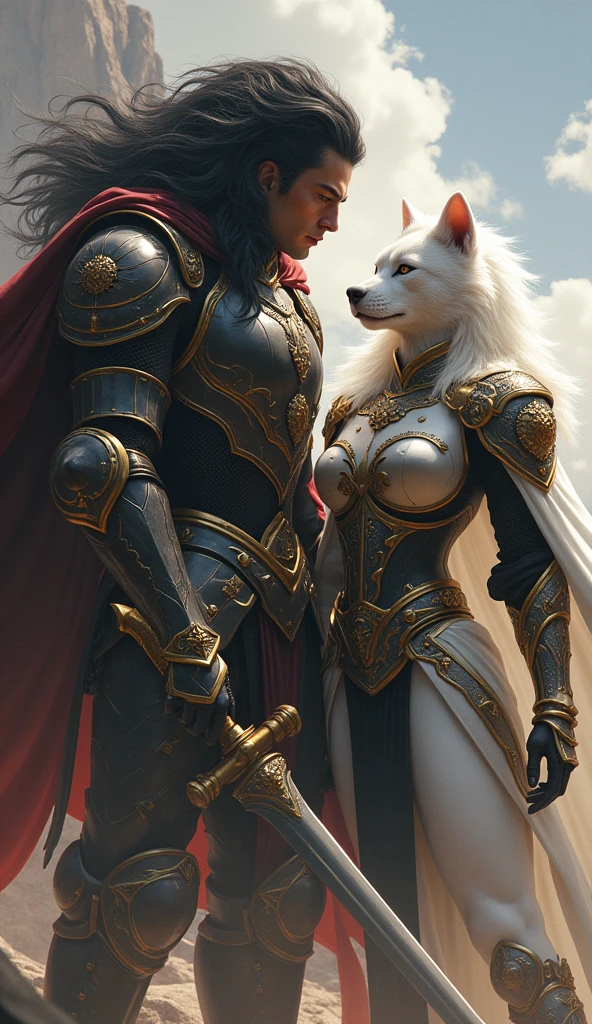 A black haired man ,very long black shiny hair, and woman with black and gold armor and a cape related to the Knights of the Zodiac, His armor will have the combination of a lion spirit and a puma and his human companion with a white armor with the spirit of a white dog