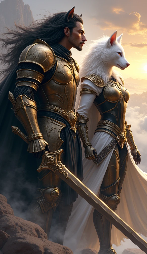 A black haired man ,very long black shiny hair, and woman with black and gold armor and a cape related to the Knights of the Zodiac, His armor will have the combination of a lion spirit and a puma and his human companion with a white armor with the spirit of a white dog