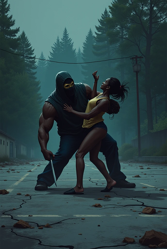 creates a vectorized image (looking like a drawing) of a 30-year-old masked man murdering a young 2 woman. both are black. The murder takes place in a parking lot with many trees