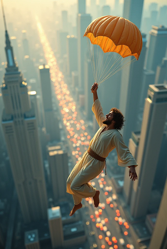 modern man falling from sky to city, and Jesus is close by, extending his hand, trying to give the man a parachute., but man ignores Jesus' help.