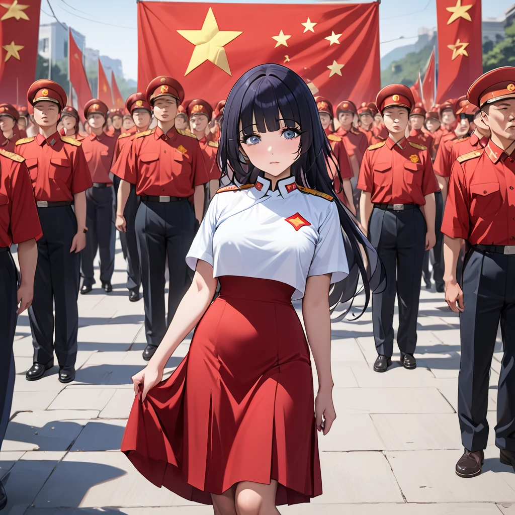 ((Highest quality)), ((masterpiece)), (detailed), (Perfect Face)、The woman is Reika Aoki with semi-long hair、The woman abandoned her Japanese identity and became Chinese.、The woman has become a full-fledged member of the Chinese Communist Party, dressed in Communist Party clothing and wearing a long tight skirt, and is working as a Communist Party spokesperson.