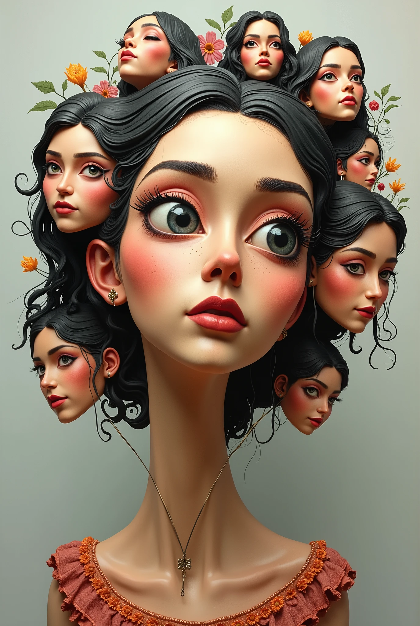 Expressionist artwork images of multiple floating ceramic heads of hispanic women, 3d collage style, make it weird and gallery worthy