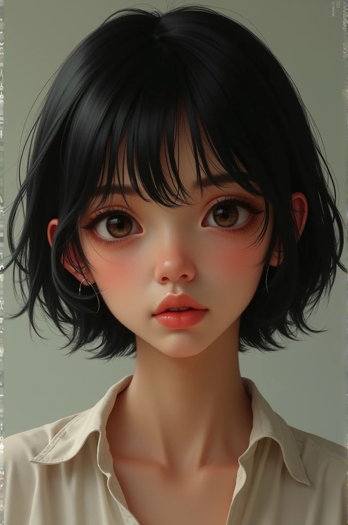 short hair, brown skin, small eyes and straight hair