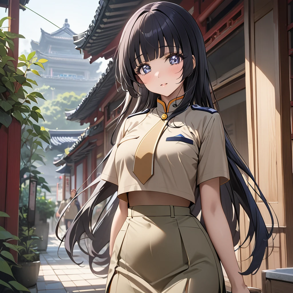 ((Highest quality)), ((masterpiece)), (detailed), (Perfect Face)、The woman is Reika Aoki with semi-long hair、In China, women wear khaki Mao suits and long khaki tight skirts.